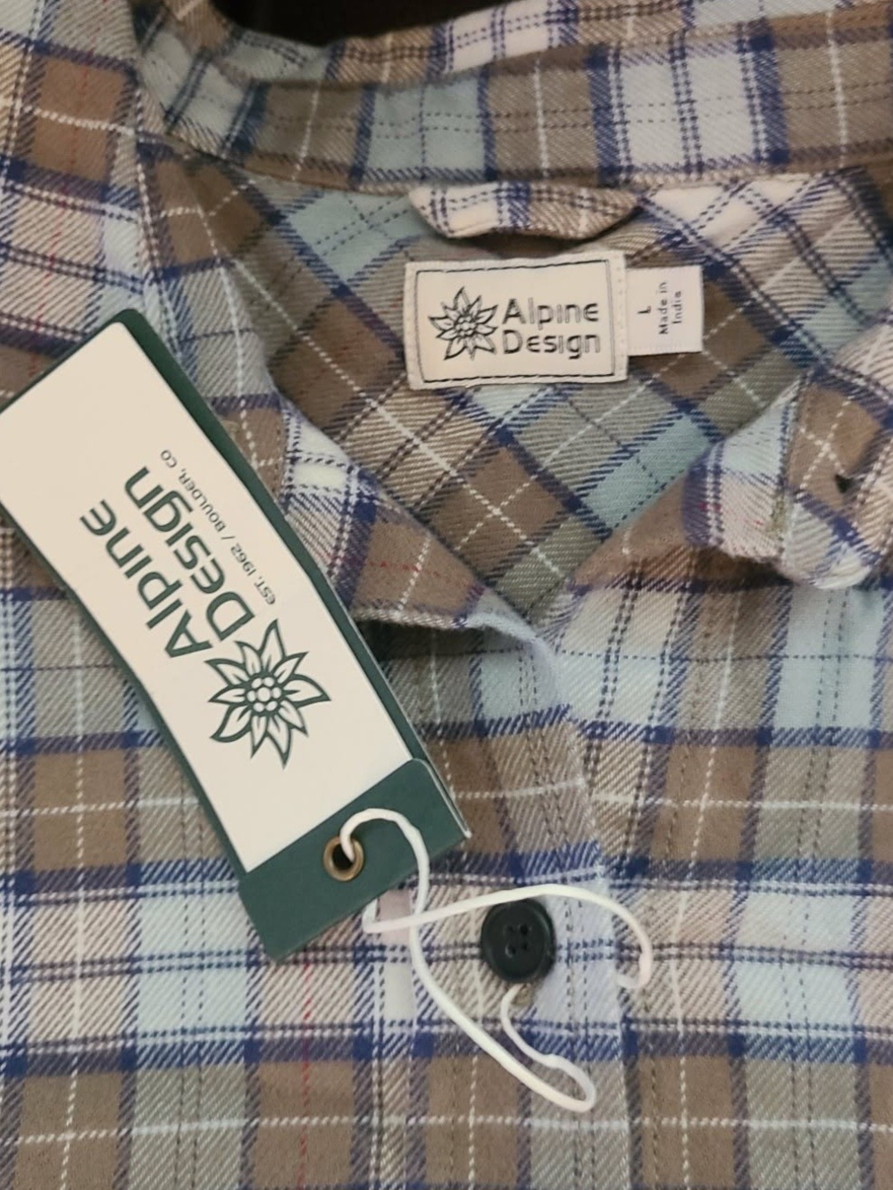 Alpine Design Men’s Beige and Blue Plaid Button-Down Shirt